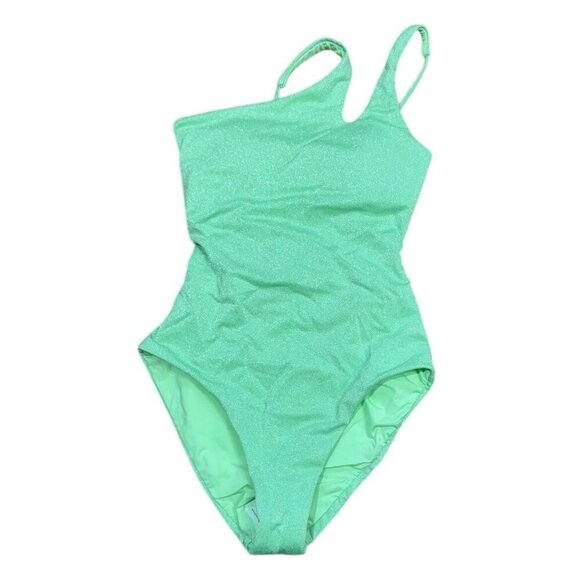 Becca Sz M Swimsuit One Shoulder One-Piece Green Glimmer Beach Retro Boho - Picture 3 of 6